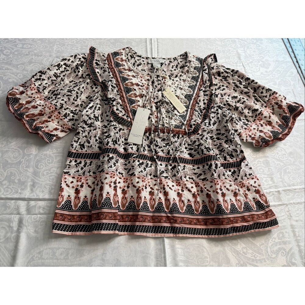 NWT Calypso St. Barth Paisley Print Ruffle Tie Neck Blouse Top Size Medium New